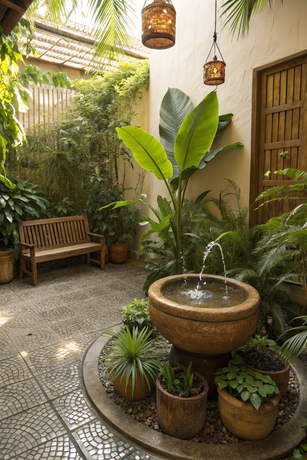 Lush tropical courtyard with central terracotta basin fountain surrounded by potted plants on a circular mosaic-tiled platform, wooden bench, hanging lanterns, and dense greenery against stucco walls.