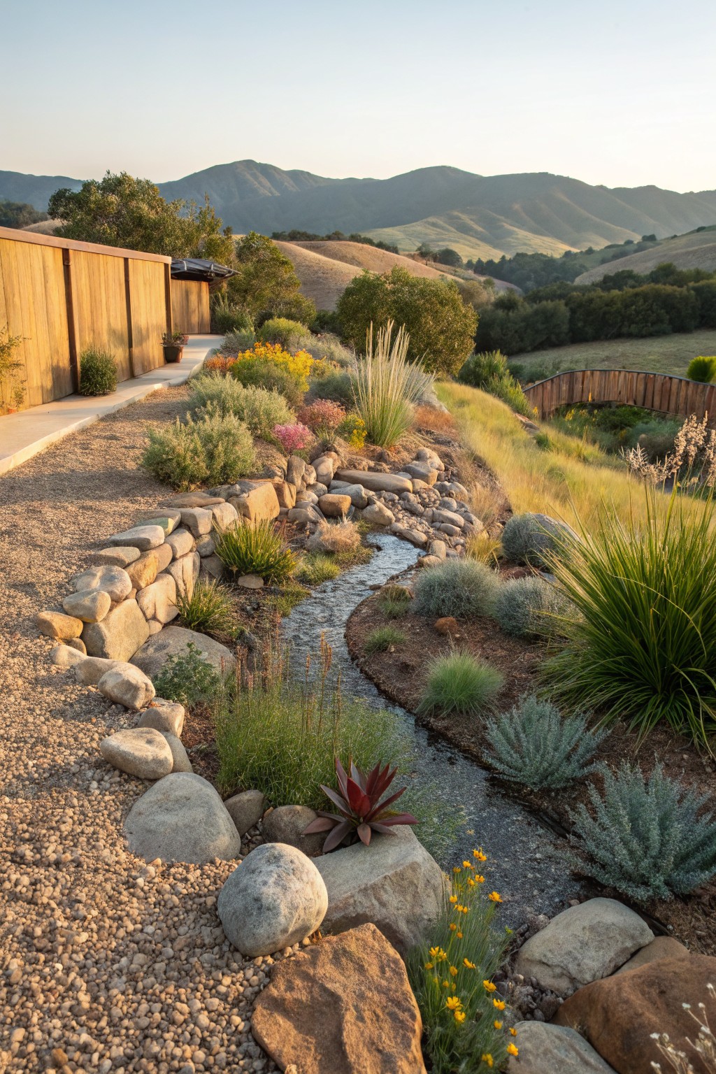 Winding dry stream bed of gravel and water lined with stacked stone walls, large boulders, and surrounded by drought-tolerant plants including agaves, grasses, and shrubs on a gravel path with hills and a wooden structure in the background.