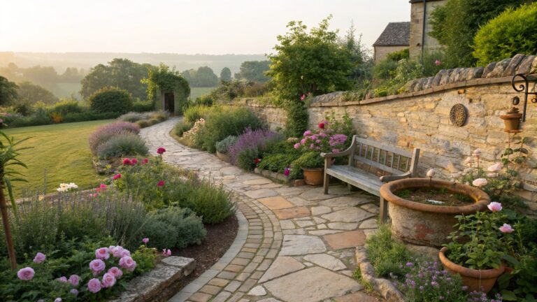22 Tranquil Flower Garden Landscaping With Water Features for a Calming Retreat A serene garden path winds through vibrant flower beds, featuring a stone wall, a wooden bench, and a rustic water feature, all bathed in soft morning light.