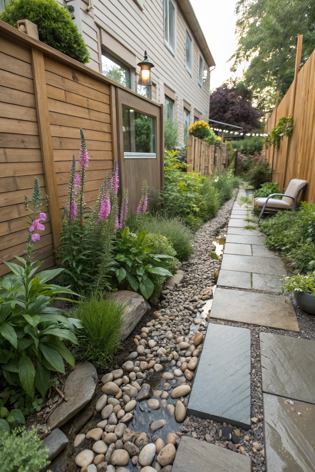 Narrow garden path of irregular gray stone slabs next to a pebble-lined dry creek bed with shallow flowing water, bordered by pink foxglove flowers, green plants, and rocks, with wooden fences and a chair visible in the background.