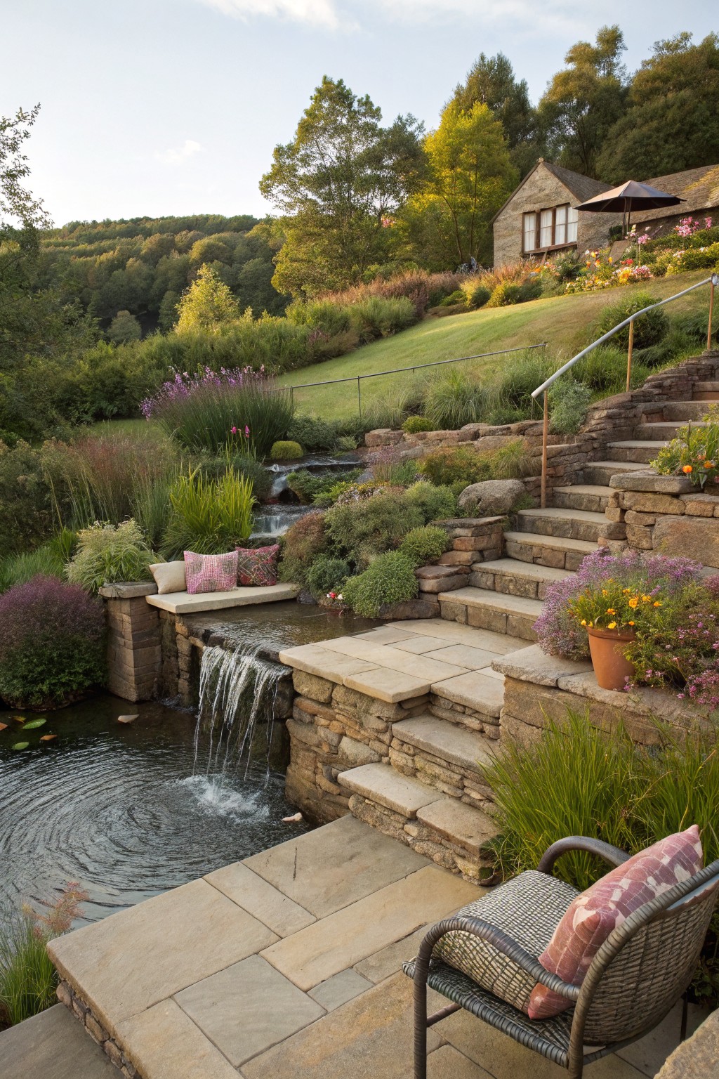 Terraced stone steps on a hillside with a waterfall cascading into a pond surrounded by flowering plants and grasses, outdoor chair and bench nearby, house in background.