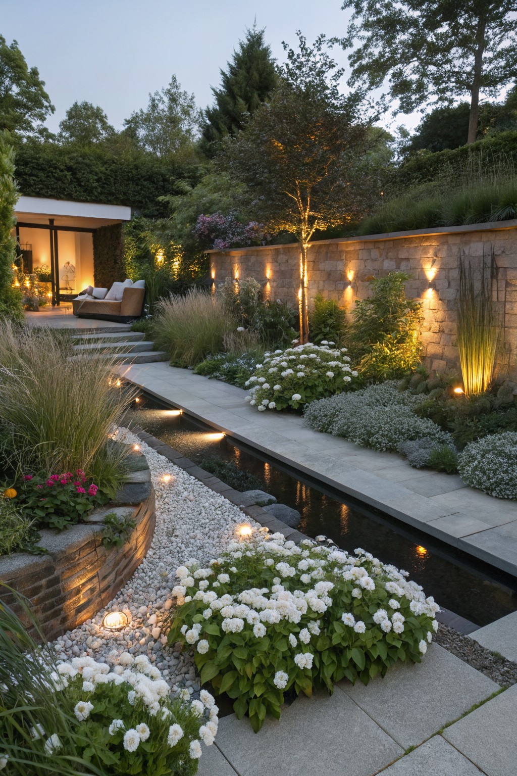 Narrow water channel alongside a stone path in a garden at dusk, lined with white-flowering shrubs, ornamental grasses, integrated lighting, gravel borders, and stone walls with a distant outdoor lounge structure.
