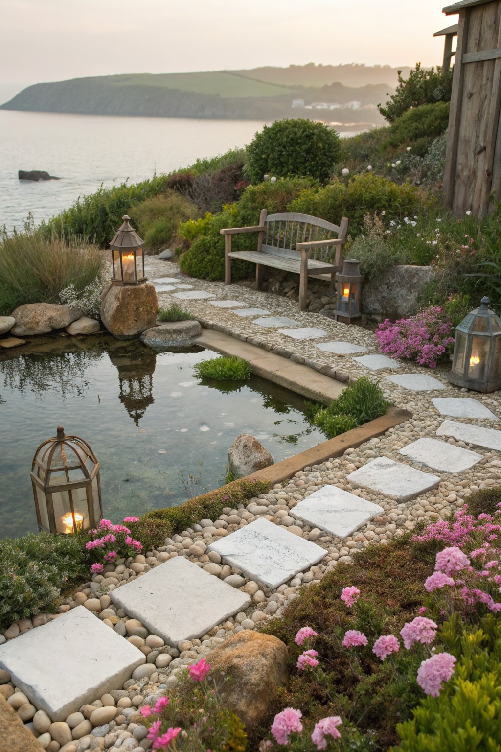 A winding path of large square white stone slabs through pink flowers, grasses, rocks, and gravel leads to a small pond, wooden bench, and lanterns in a seaside garden at dusk.