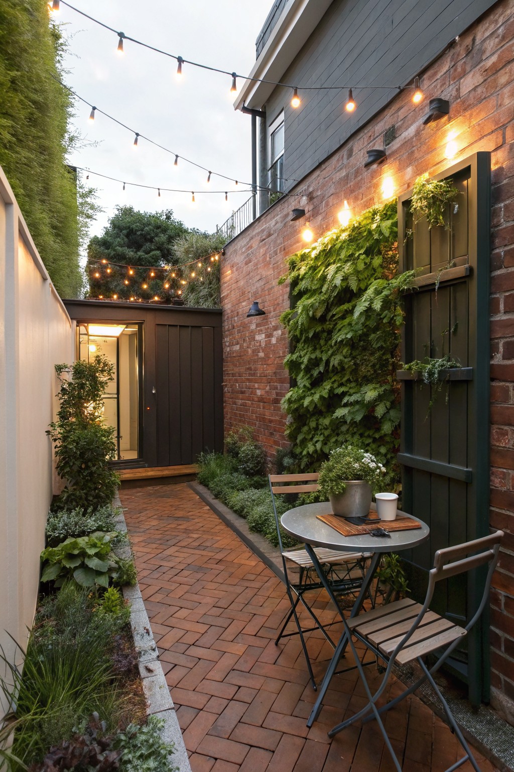 Narrow brick-paved pathway between a white fence and ivy-covered brick wall, lined with various green plants and shrubs, leading to a small round metal table with two chairs near a dark wood garden structure, with string lights strung overhead.