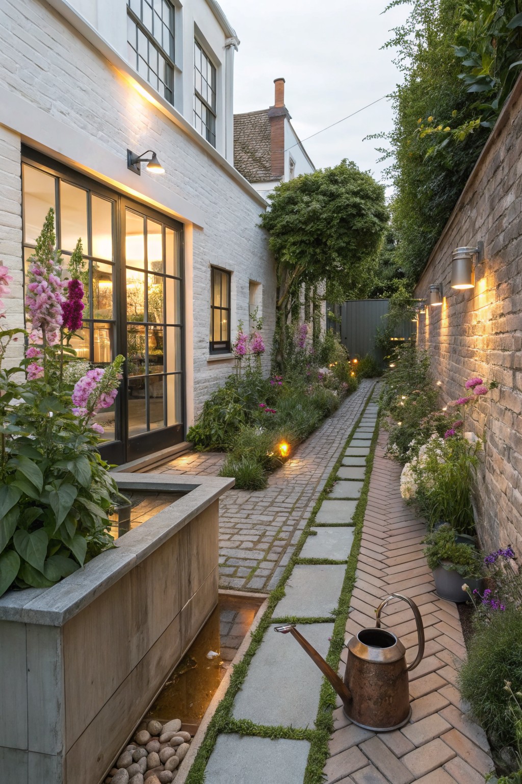 Narrow brick pathway in a walled garden with pink foxglove flowers, greenery along white brick walls, a linear water feature in a wooden trough filled with pebbles, wall-mounted lights, and a copper watering can on the path.