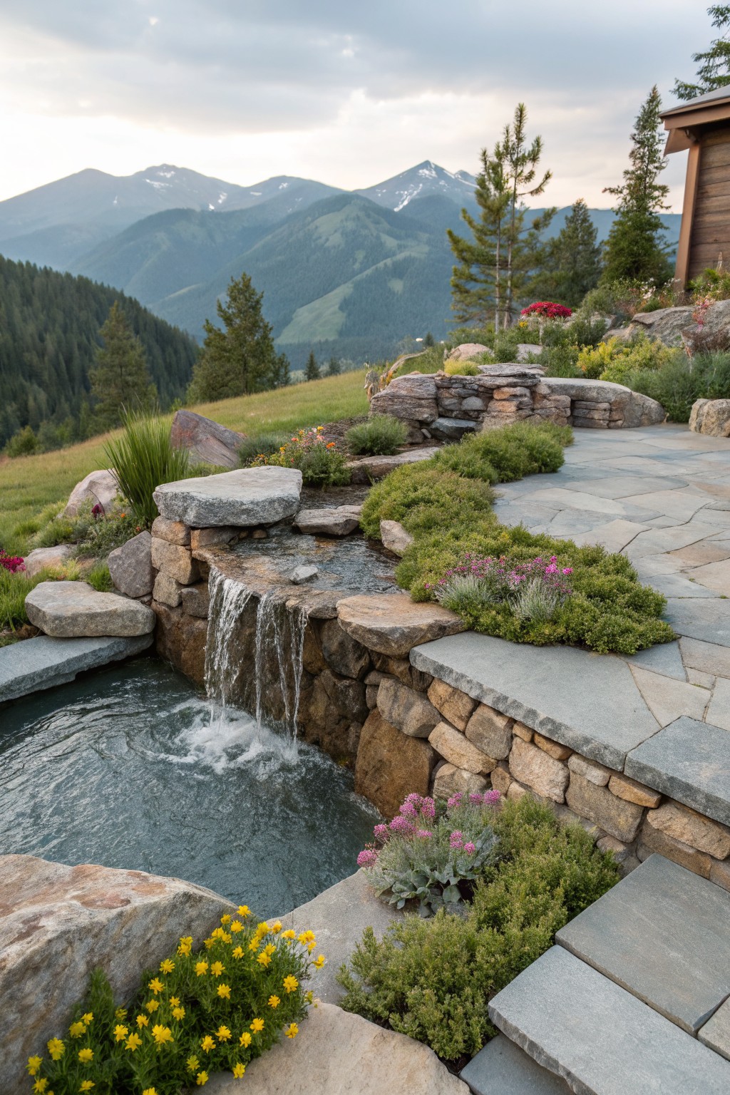 Stone waterfall cascading into a small pond on a flagstone patio edged with rocks, plants, and shrubs, set against a mountainous backdrop with a house nearby.