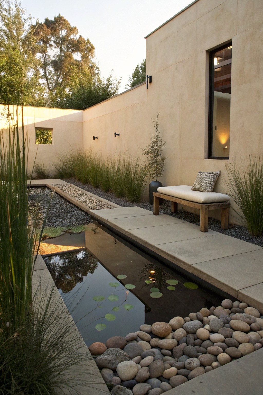 Rectangular pond with floating lily pads and pebbles at the bottom, edged by tall grasses, a wooden bench on concrete pavers, and beige stucco walls in a courtyard garden.