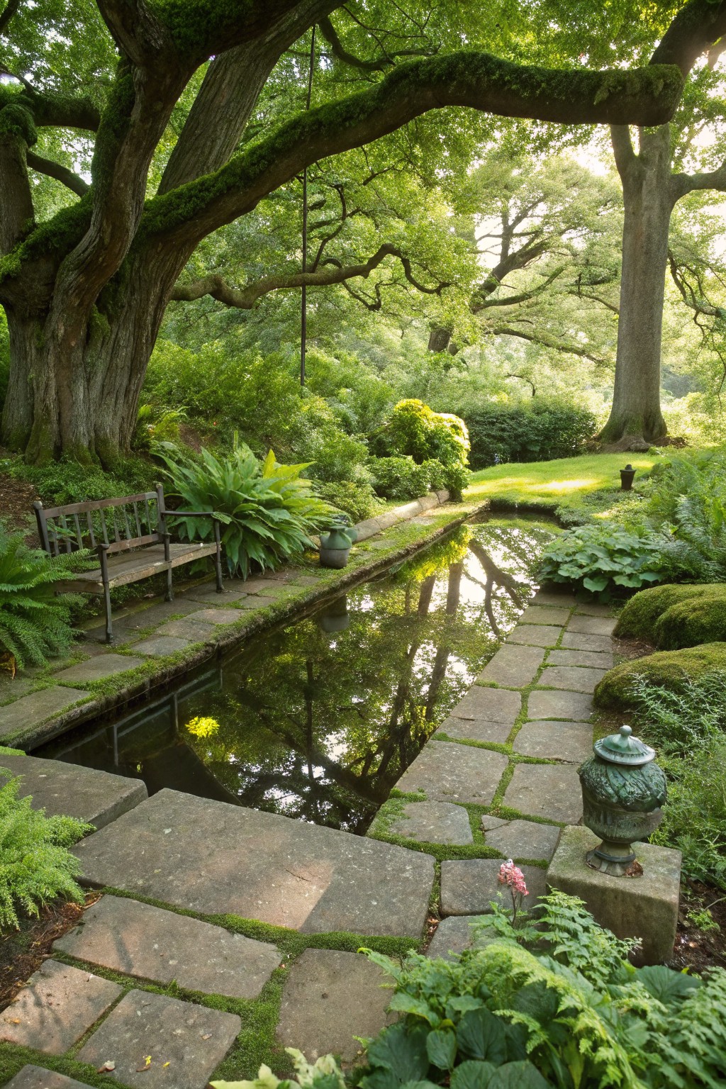 Narrow rectangular reflecting pool bordered by moss-covered stone pavers in a lush garden with ferns, a wooden bench, large leaf plants, and overhanging mossy trees.