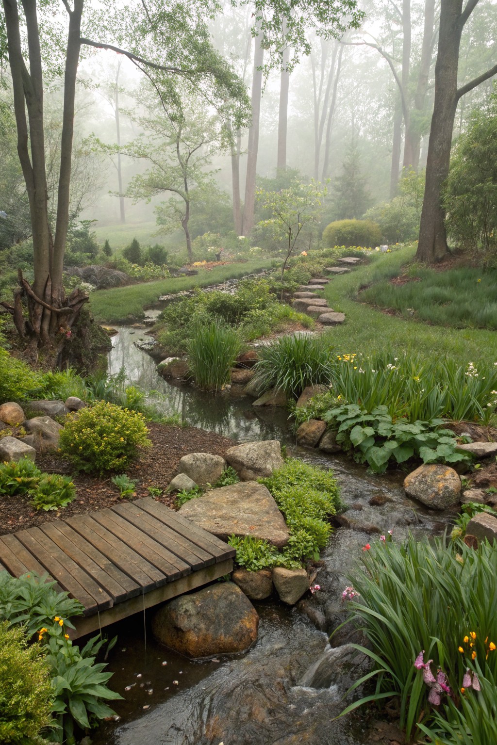 Misty garden landscape featuring a wooden footbridge spanning a small rocky stream, with stepping stone path, various green plants, flowers, and trees in the background.