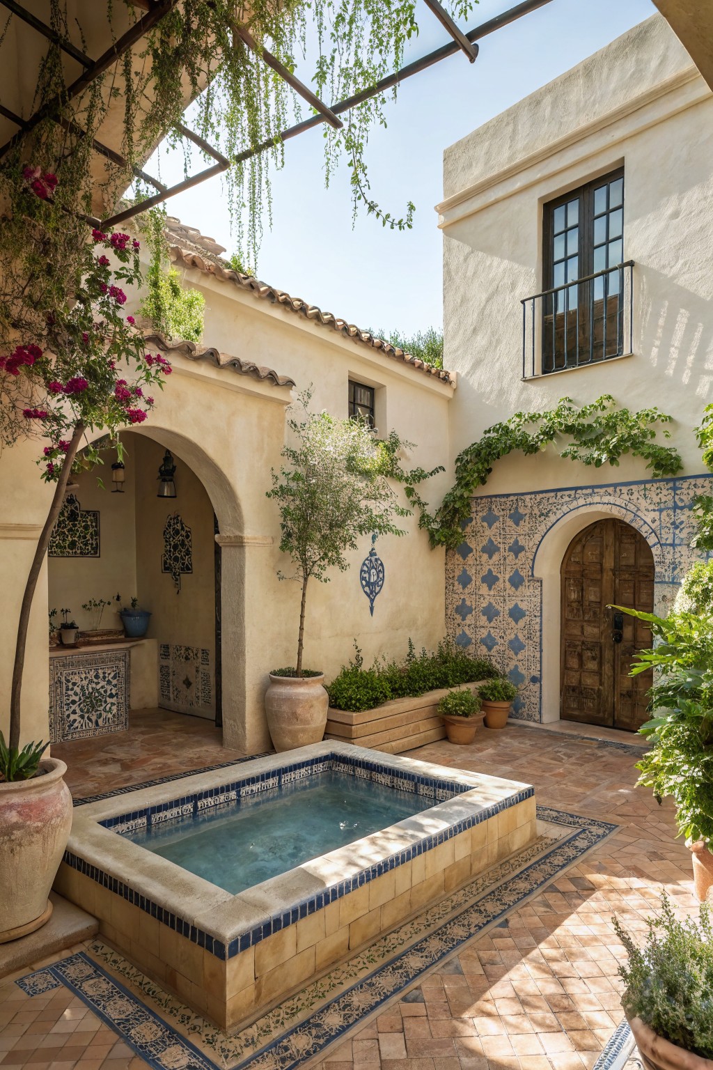 Mediterranean-style outdoor courtyard with central small rectangular pool featuring blue tiled edges, surrounded by terracotta pavers, white stucco walls with blue tile details, arched doorways, potted plants, and olive trees.