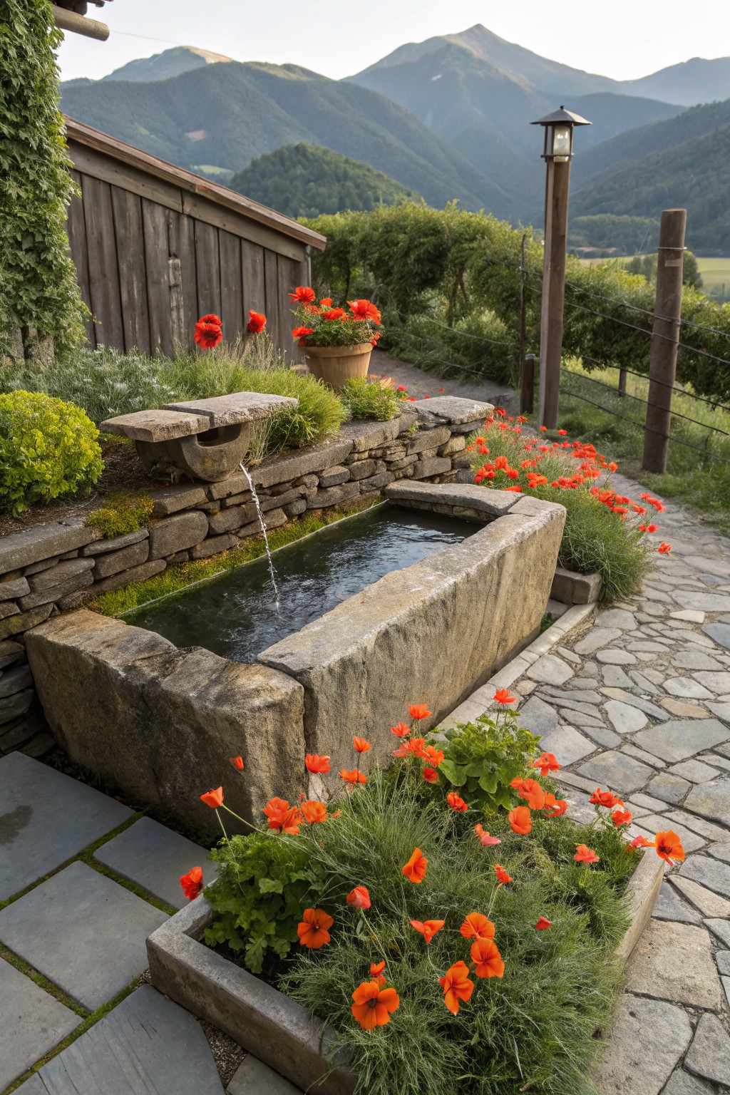 Stone trough fountain integrated into a dry stone wall with water flowing from a spout above, surrounded by red poppy flowers in beds and along a stone path, wooden outbuildings and mountains in the background.
