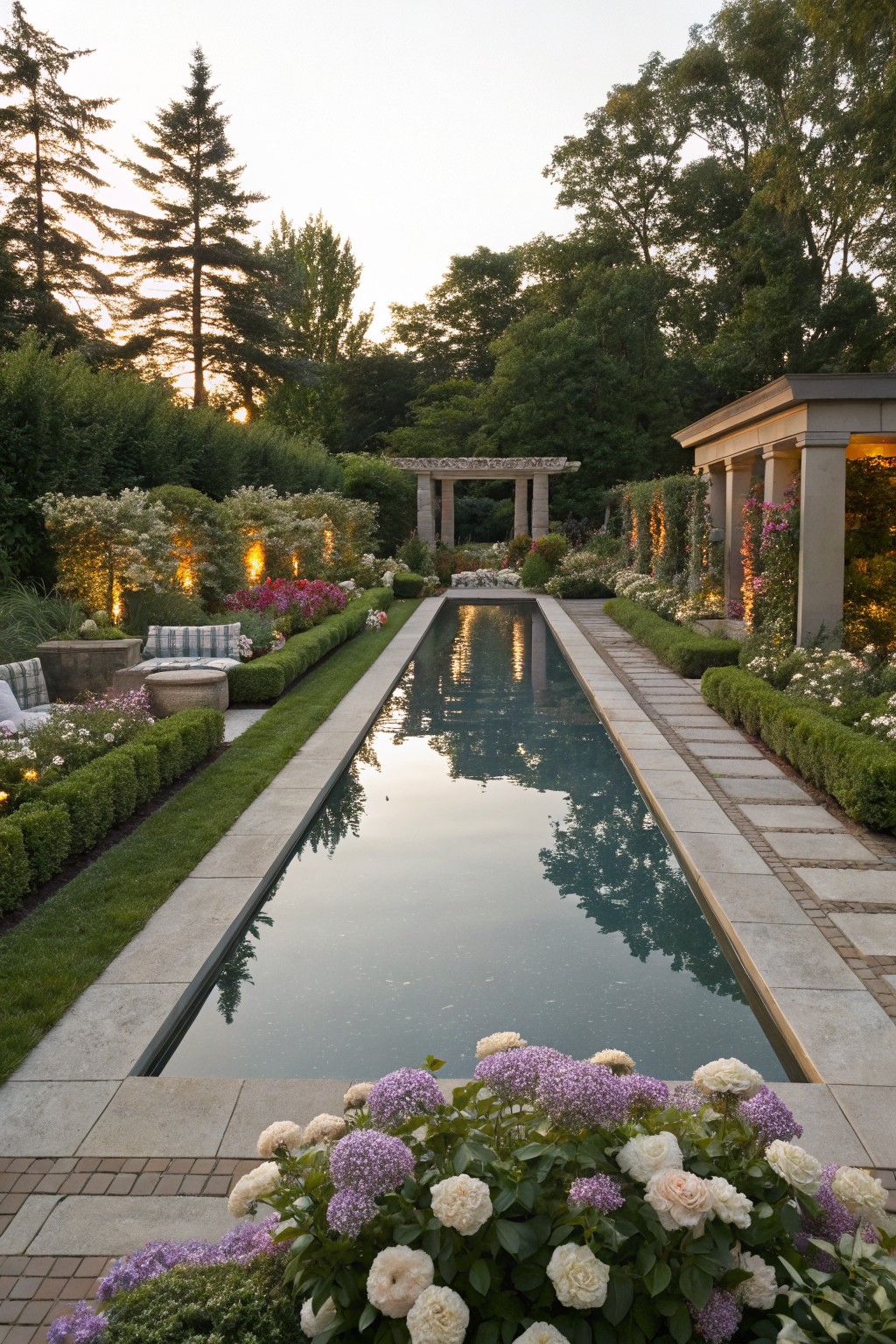 Long narrow rectangular pool centered in a formal garden with symmetrical boxwood hedges, flower beds, and stone path along one side, pergola arch at the far end, and trees in the background.