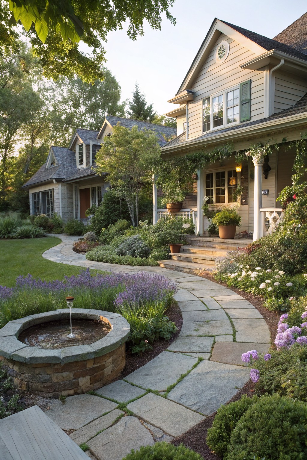 Curving flagstone path lined with lavender and white flowers leading to a beige house porch, with a circular stone fountain in a foreground garden bed surrounded by greenery.