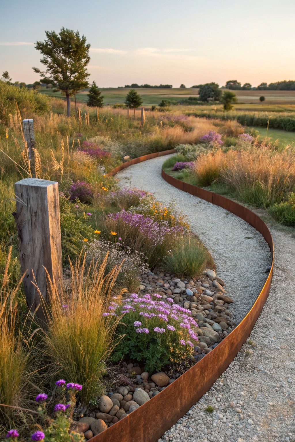 A curving gravel path bordered by corten steel edging runs through garden beds planted with ornamental grasses, purple flowers, yellow blooms, and scattered rocks, with fields and trees visible in the background at sunset.