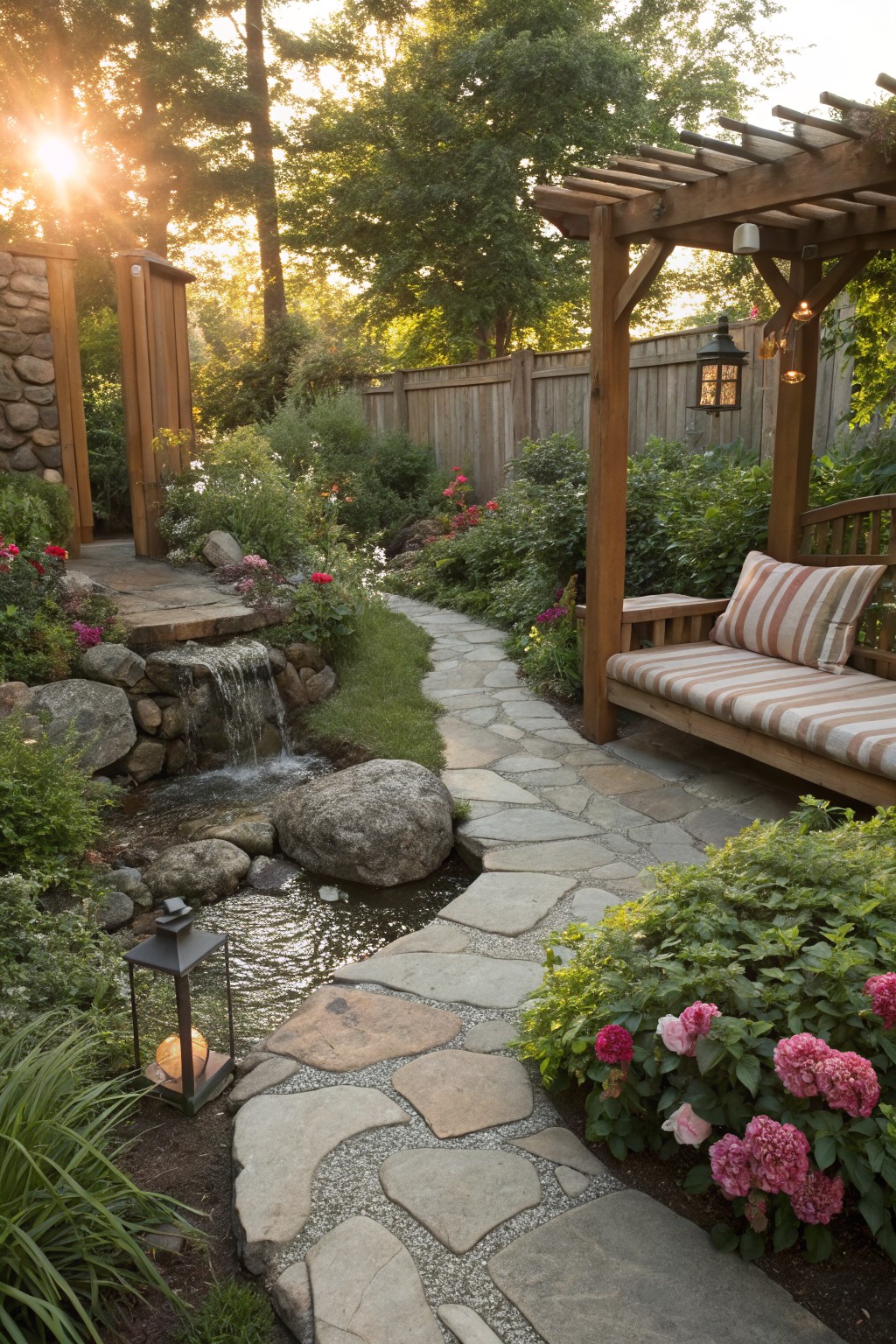 Winding flagstone path alongside a small rock-lined stream and waterfall in a lush garden with flowers, boulders, a wooden pergola, and bench.