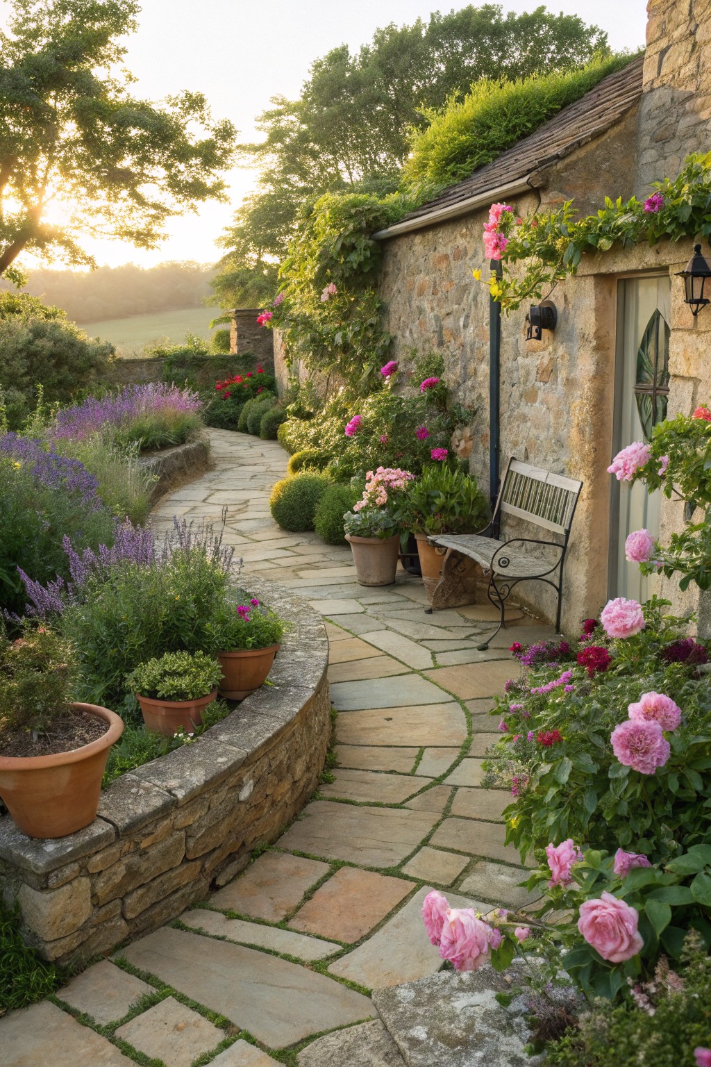 Charming garden path lined with colorful flowers, leading to a rustic stone cottage.