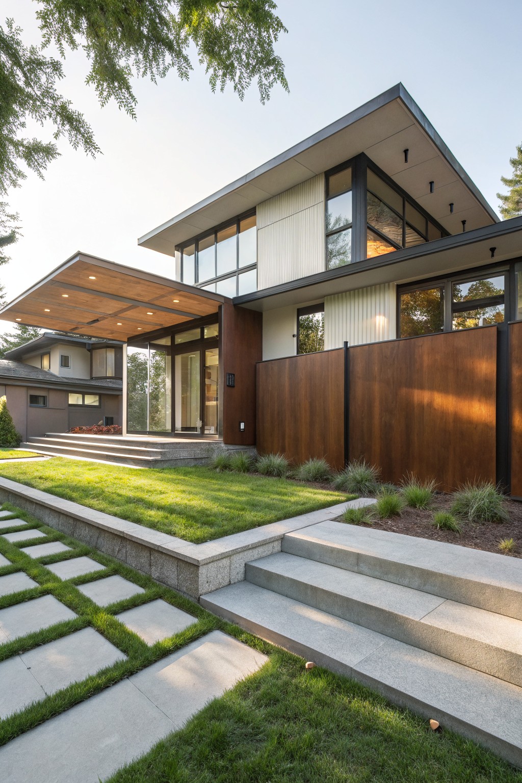 Modern two-story house with beige vertical siding, large glass windows, overhanging wooden entry porch, concrete steps up to glass doors, lawn with square stone pavers in grass, ornamental grasses, and tall horizontal cedar board fence with black metal posts.