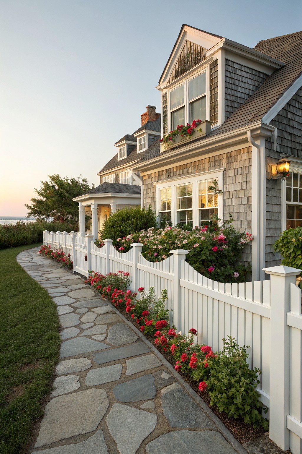 Gray shingle-style house beside a white scalloped picket fence along a stone pathway edged in red geraniums and pink roses, with coastal water and trees in the background at dusk.