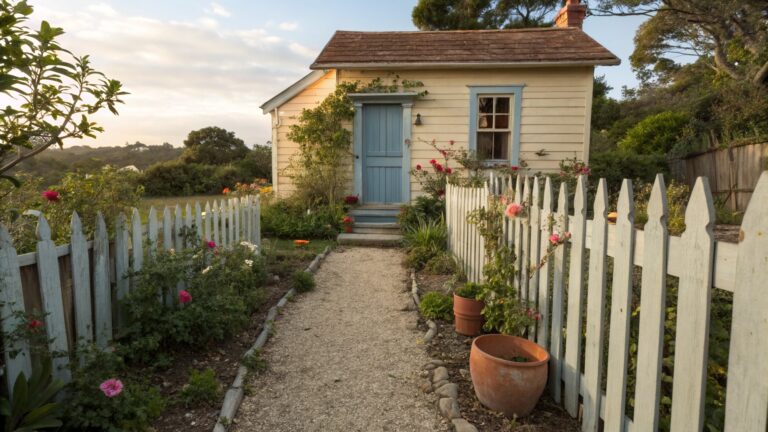 Weathered light blue picket fence with pink roses lines a gravel path leading to the blue door of a white clapboard cottage surrounded by greenery.
