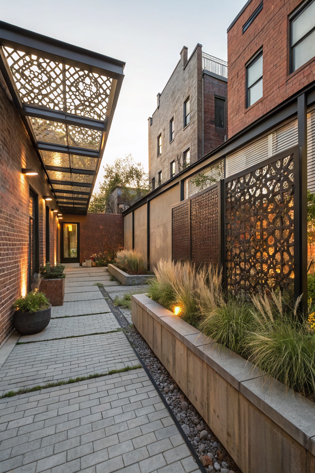Narrow paved pathway in a side yard between brick buildings, with a translucent metal lattice canopy overhead, tall ornamental metal screens along one side, wooden-edged planting beds filled with grasses, gravel borders, and recessed wall lights.