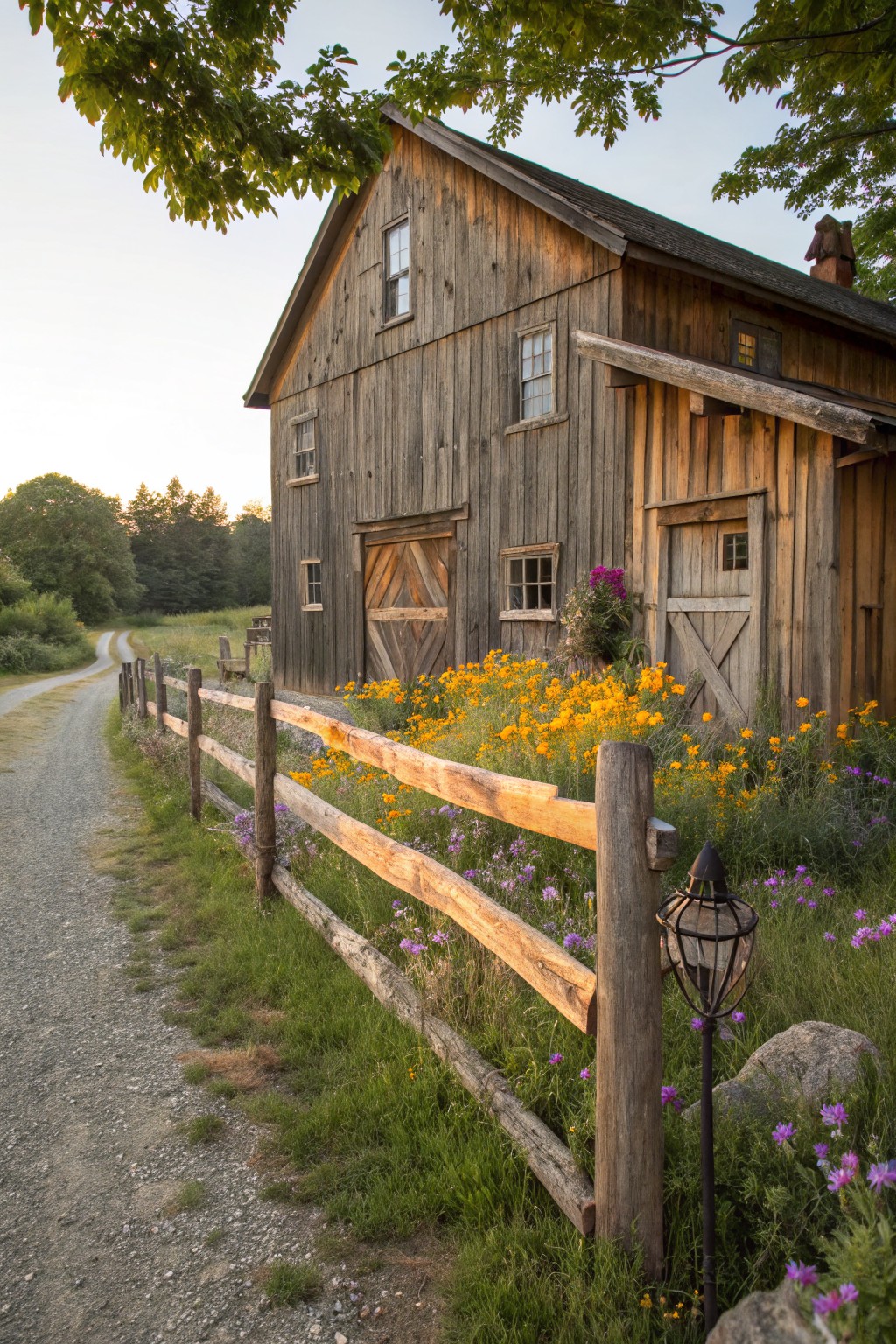 Rustic wooden barn-style house next to a gravel path bordered by a split-rail wooden fence with orange cosmos, purple flowers, and green grass in a rural setting.