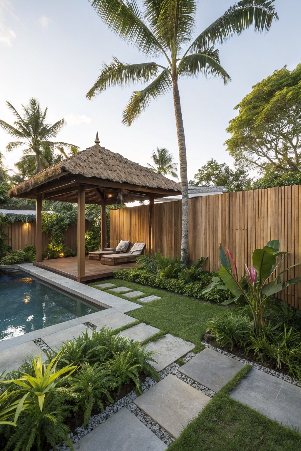 Tropical backyard pool with wooden deck, thatched pavilion, tall slatted wooden fence, stone paths, grass, and lush plants including palms and ferns.