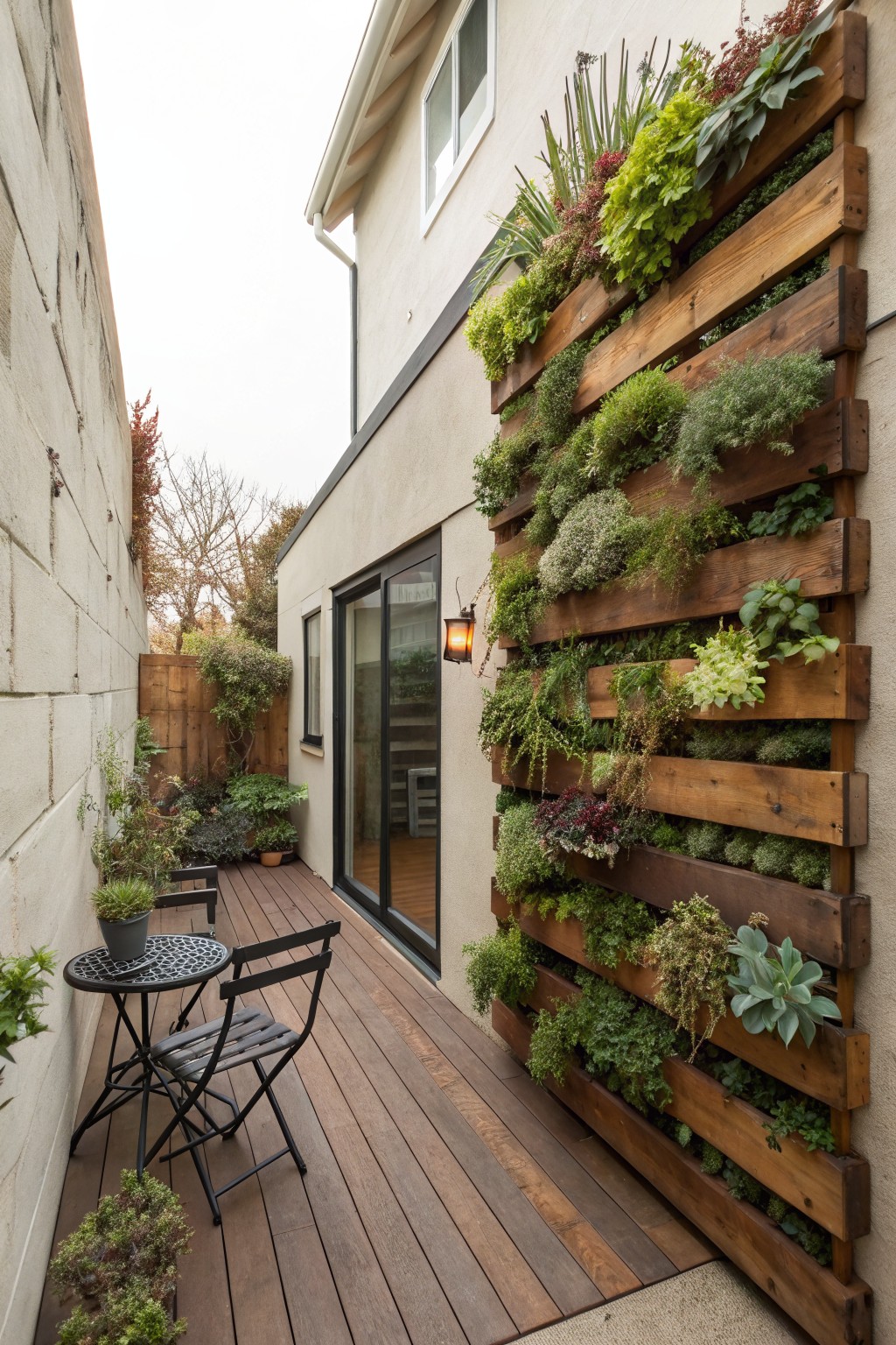 Narrow outdoor patio with wooden deck, small round table with two black chairs, sliding glass doors on stucco house wall, concrete block wall opposite, and tall vertical planter made from wooden pallets filled with succulents, herbs, and greenery.
