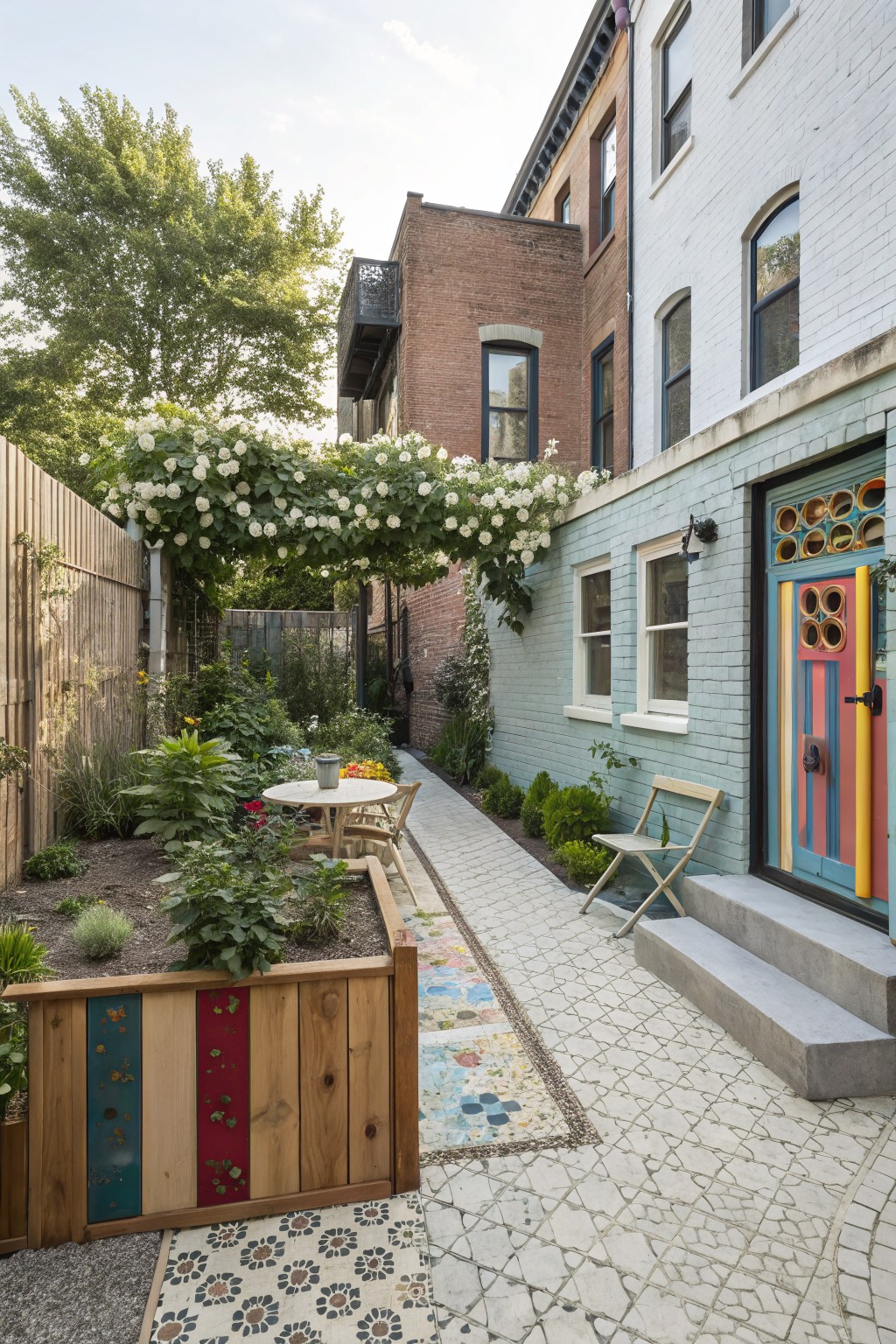 Narrow backyard alley between brick rowhouses featuring a wooden slat fence arched over with blooming white hydrangea vines, colorful striped door, raised wooden planters, mosaic tile path, and small table with chairs.