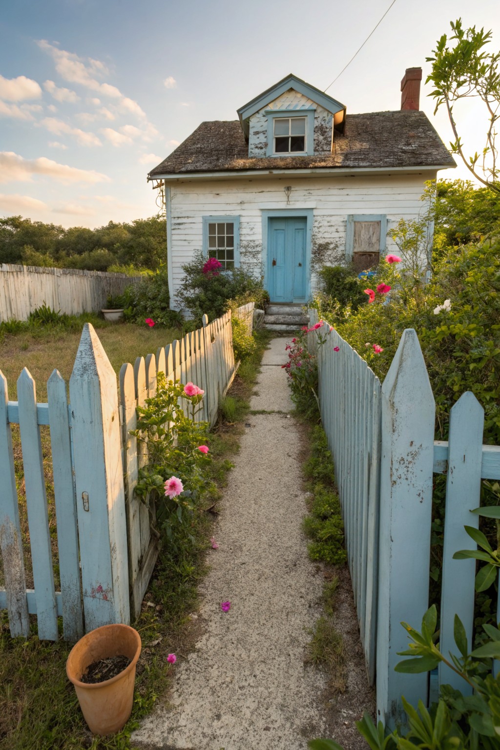 Weathered light blue picket fence with pink roses lines a gravel path leading to the blue door of a white clapboard cottage surrounded by greenery.