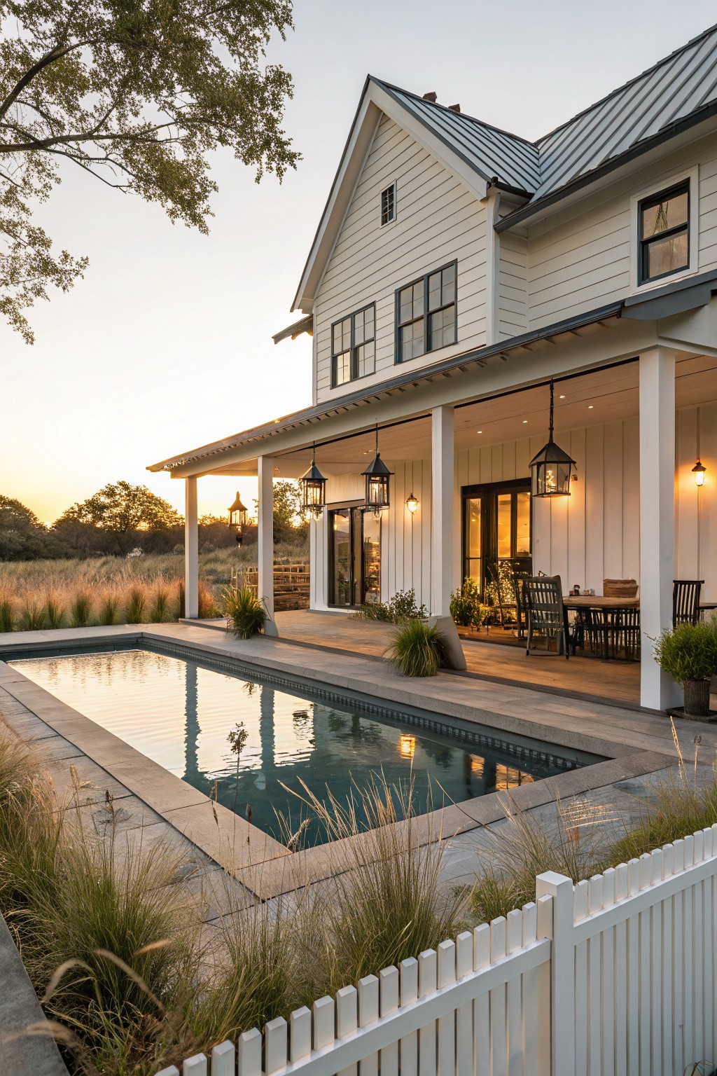 White picket fence borders a rectangular infinity-edge pool surrounded by tall ornamental grasses on a concrete deck next to a farmhouse porch with dining table and hanging lanterns at dusk.