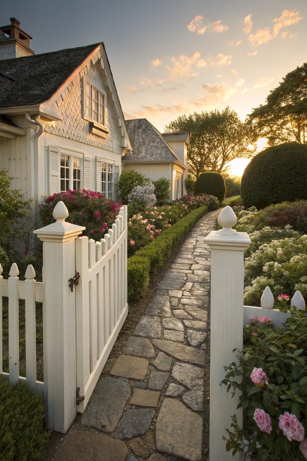 Open white picket fence gate with finial posts beside a stone pathway lined by roses, shrubs, and boxwoods next to a white shingled house at sunset.