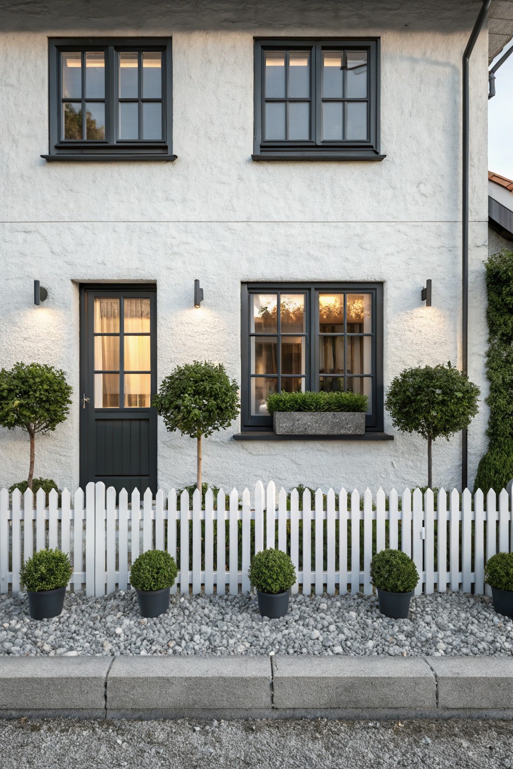 White stucco house facade with black-framed windows and door, boxwood shrubs flanking the entry, white picket fence along a gravel bed with potted spherical boxwoods.