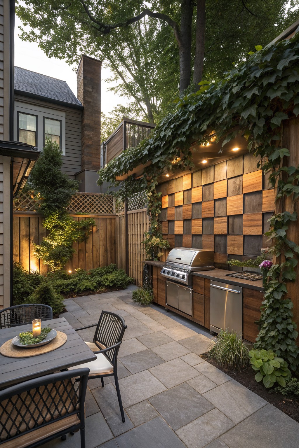 Backyard patio featuring an outdoor kitchen with stainless steel grill and cabinets against a wall of alternating light and dark wood tile panels covered partly in ivy, with a table and chairs on slate pavers surrounded by plants and wooden fences.