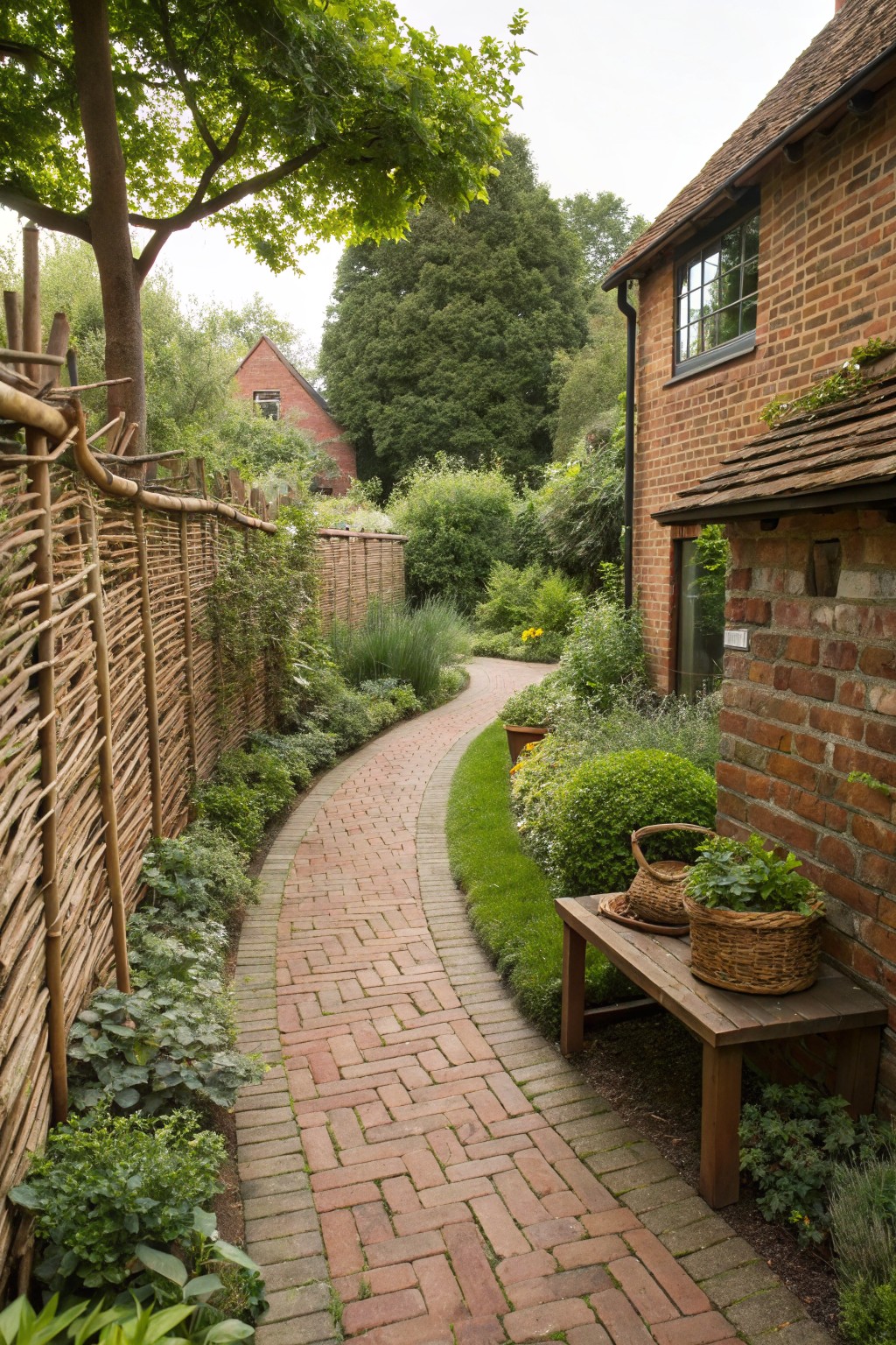 Curved red brick garden path bordered by tall woven willow fences and lush plantings, running alongside a brick house wall with a wooden bench holding two baskets of herbs.