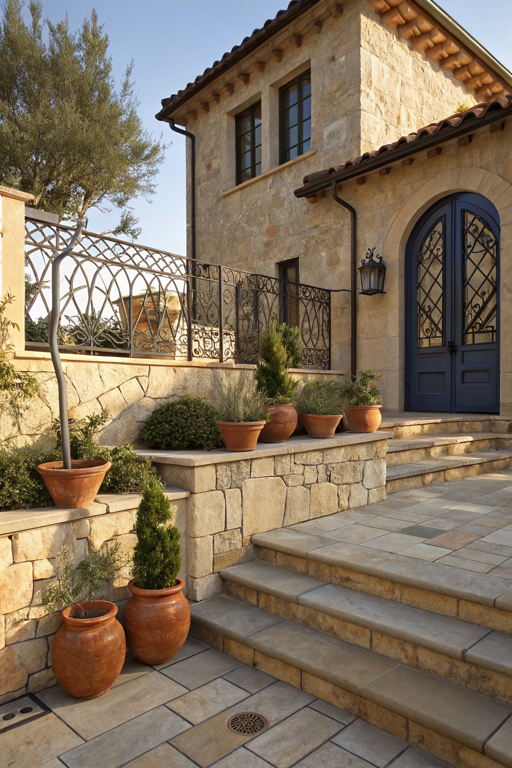 Stone house exterior featuring a blue arched door, wrought iron balustrade on a stone wall, terracotta pots with plants, and steps leading to the entry.
