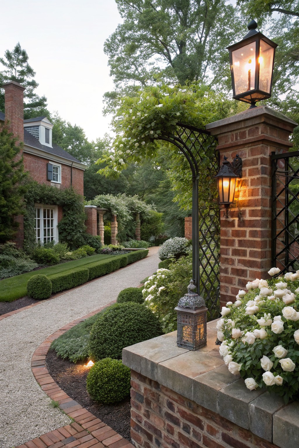 Brick pillars with metal arched trellis gate covered in green climbing vines and white flowers, flanked by lanterns, beside a gravel garden path edged in shrubs and topiary.