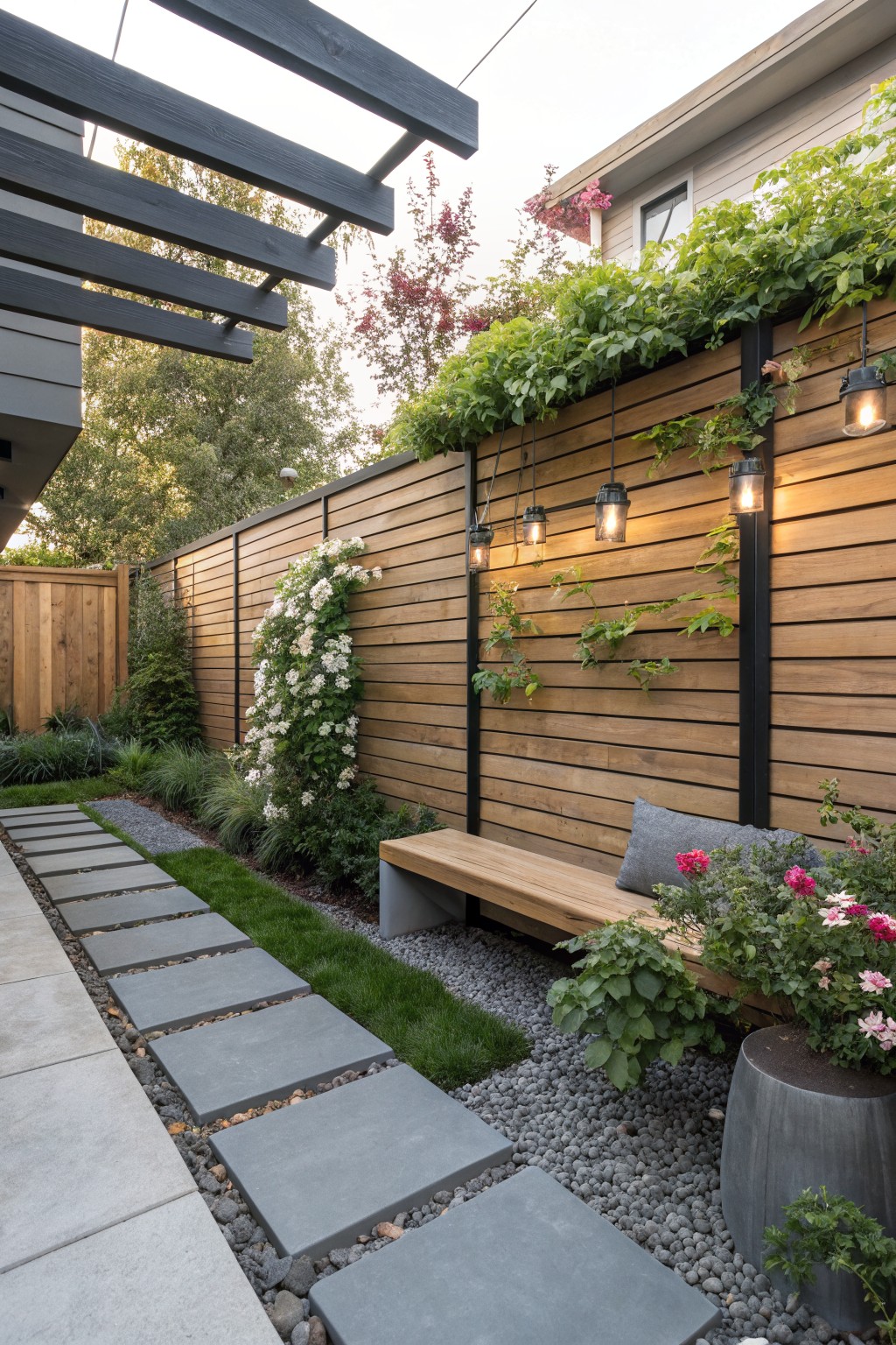 Narrow backyard path of gray concrete pavers and stepping stones flanked by grass, gravel, and plants, leading to a wooden bench against a tall slatted cedar fence covered in green vines and white climbing flowers, with black metal supports and hanging lanterns.