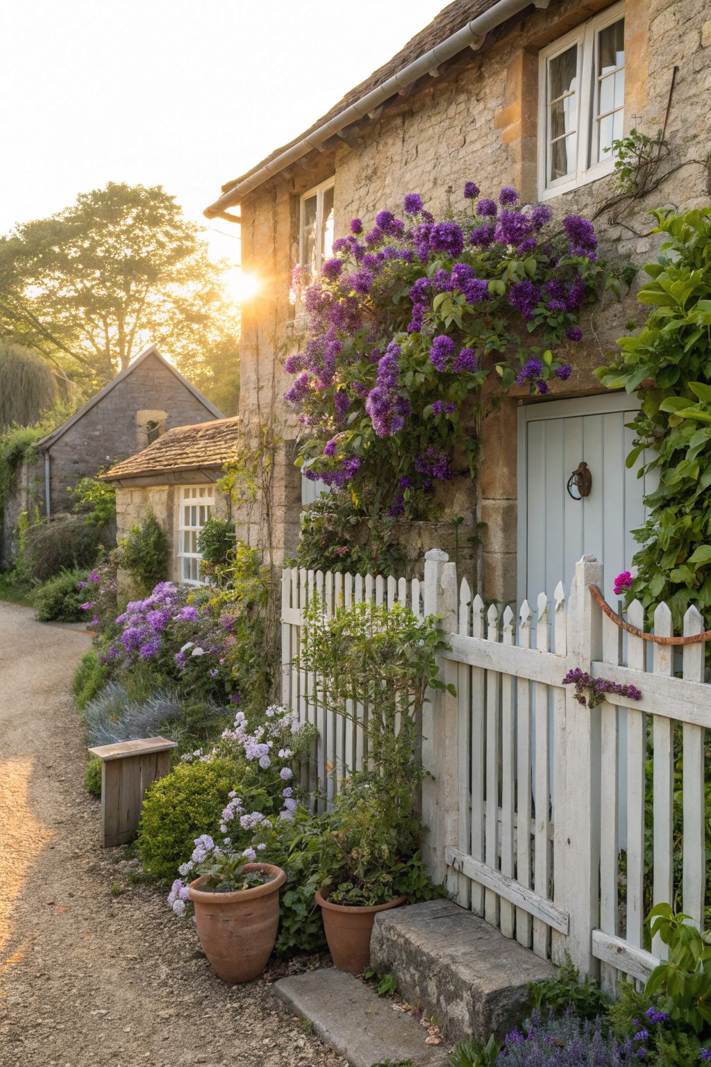 Stone cottage exterior featuring purple clematis vines climbing the wall beside a light blue wooden door, white picket fence along a gravel path, terracotta pots, and assorted garden plants in evening sunlight.