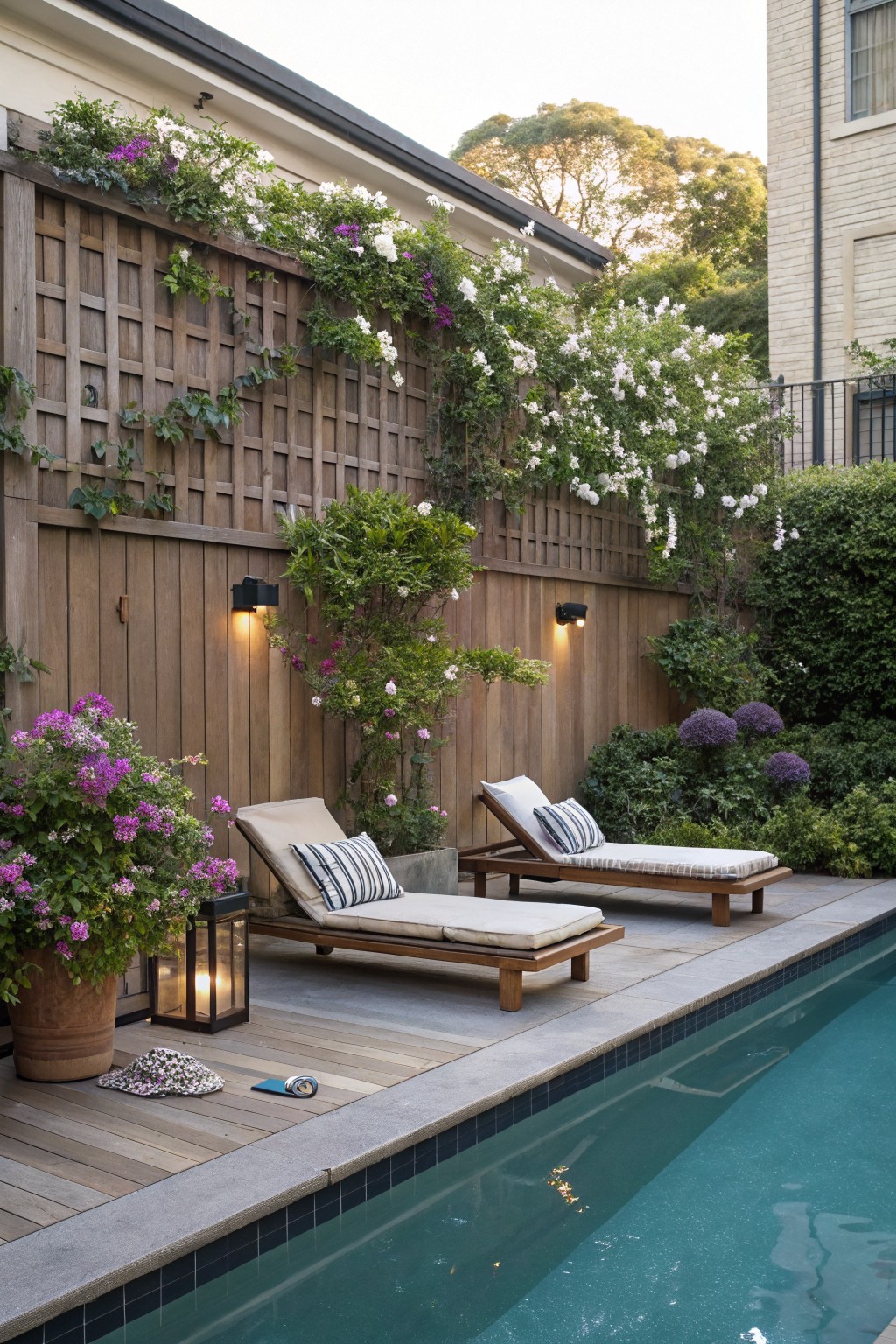 Wooden deck beside a turquoise pool edged in dark tile, with two beige loungers with striped pillows, a terracotta pot of purple flowers, a lantern, and a towel on the deck; background shows a tall wooden lattice fence covered in green vines and white and purple blooms, wall lights, shrubs, and adjacent buildings.
