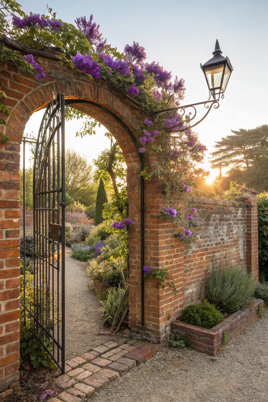 Open wrought-iron gate under a brick archway covered in purple flowering vines, with a hanging lantern, gravel path, and garden plants along brick walls at sunset.