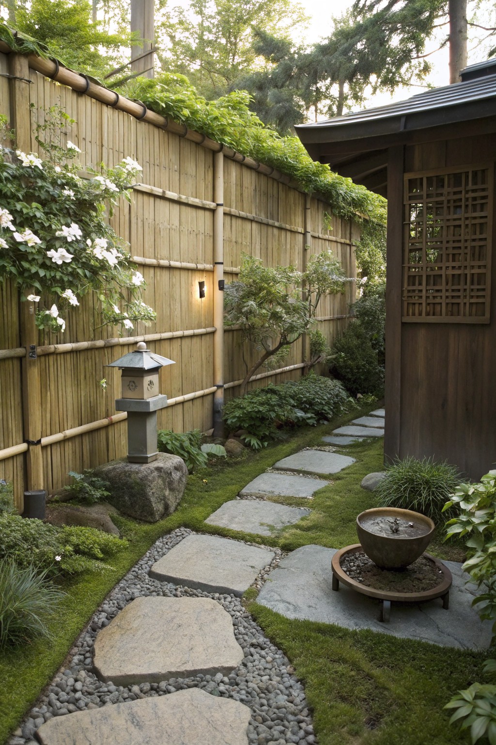 Japanese garden with bamboo fence partially covered in white climbing flowers, winding stone path through moss and gravel, stone lantern on rock, water basin on stand, and wooden pavilion with lattice window.