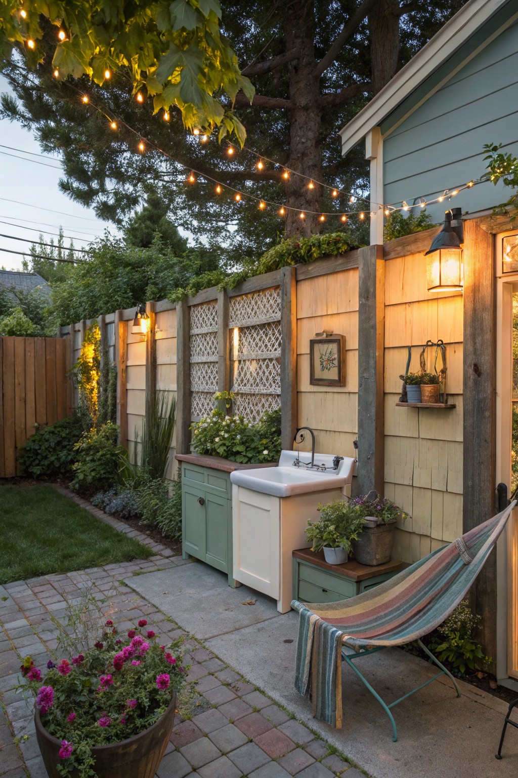 Backyard patio area featuring a wood fence with lattice panels covered in climbing vines, an outdoor sink on a cabinet next to the fence, potted plants, a hammock chair, string lights overhead, and a paved walkway.
