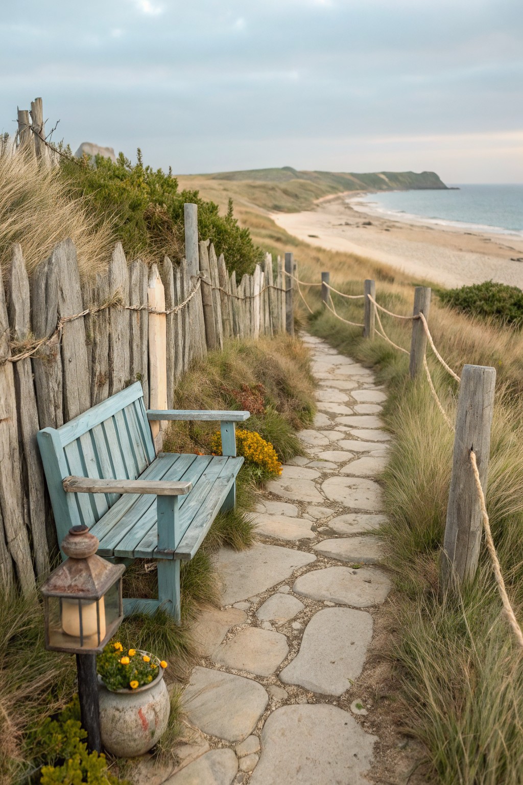 Weathered wooden slat fence with rope lines a winding stone path through tall dune grasses toward a beach, featuring a blue wooden bench, rusty lantern with yellow flowers, and a terracotta pot beside it.
