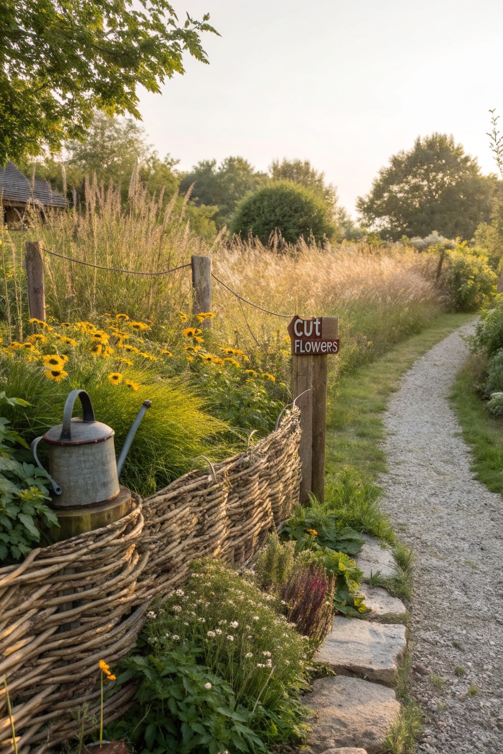 Gravel garden path bordered by woven branch fencing, yellow sunflowers, a metal watering can, and a wooden 
