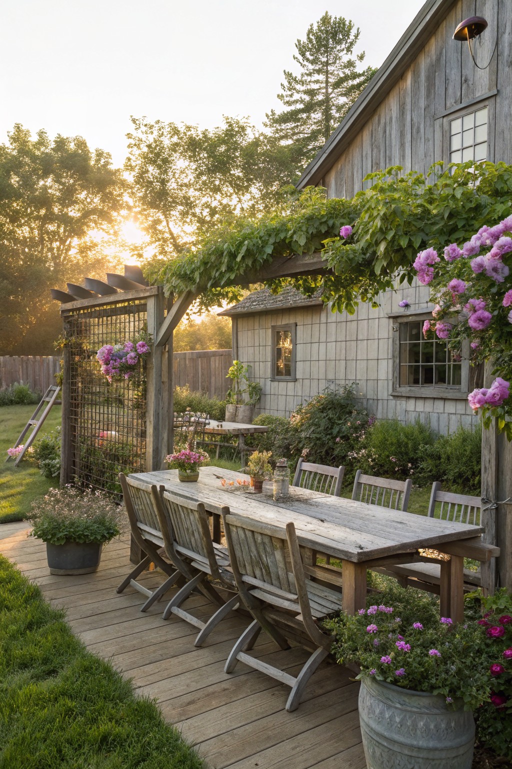 Wooden deck with long rectangular dining table surrounded by chairs, adjacent metal grid trellis draped in pink clematis, potted plants, garden beds, and shingled barn structure.