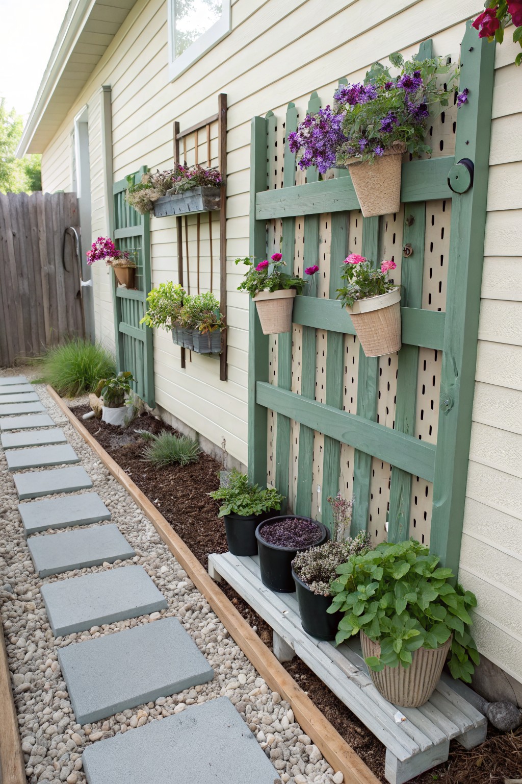 Side yard path of gray stone pavers edged with gravel and mulch, next to a beige house wall with green scalloped picket fence trellis holding purple flowering vines and multiple hanging clay and woven pots, plus ground-level planters.