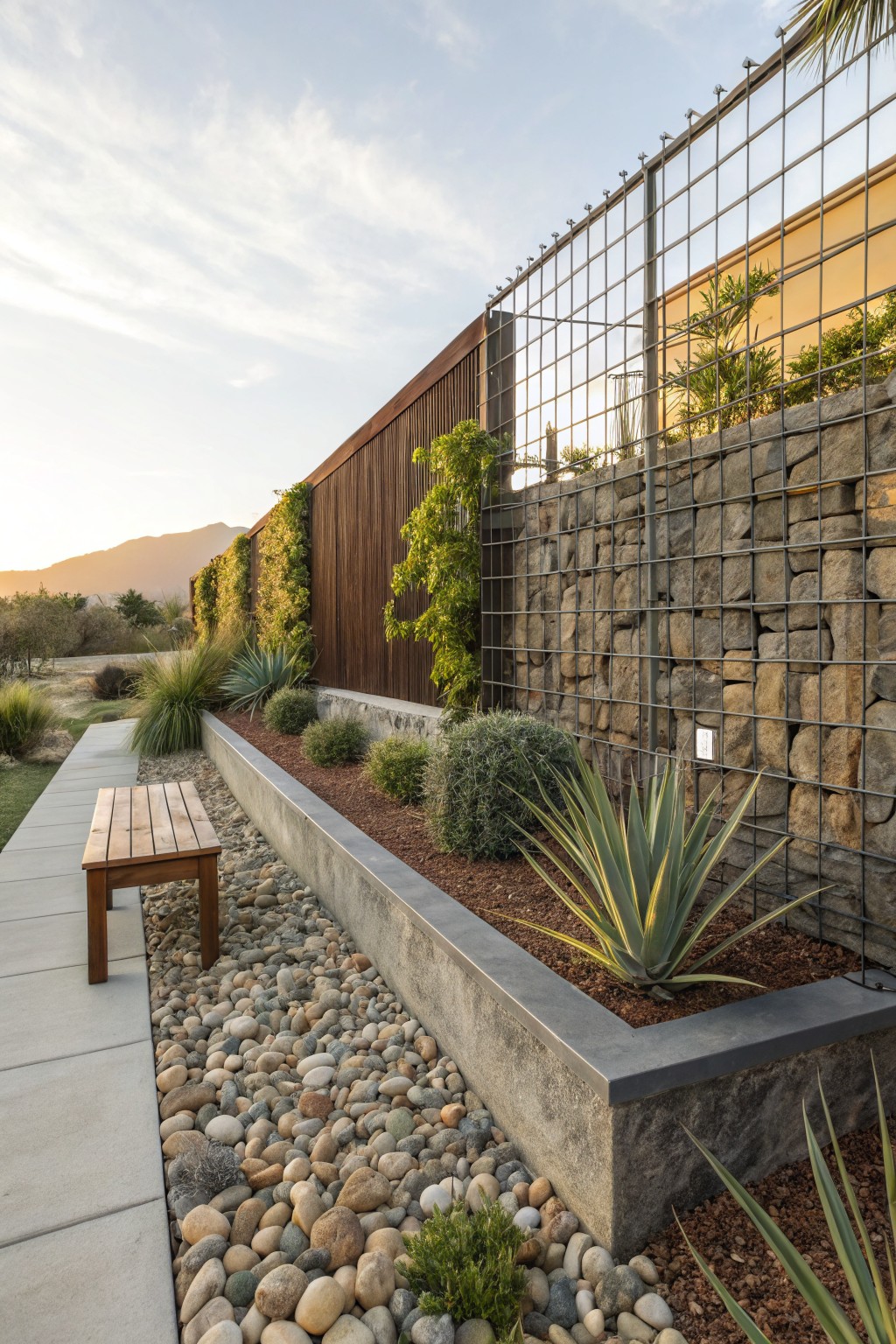 A concrete path with a wooden bench beside a gravel area and raised planting bed with agave plants, next to a slatted wooden fence with climbing vines and a rock-filled wire mesh wall, set against mountains at sunset.