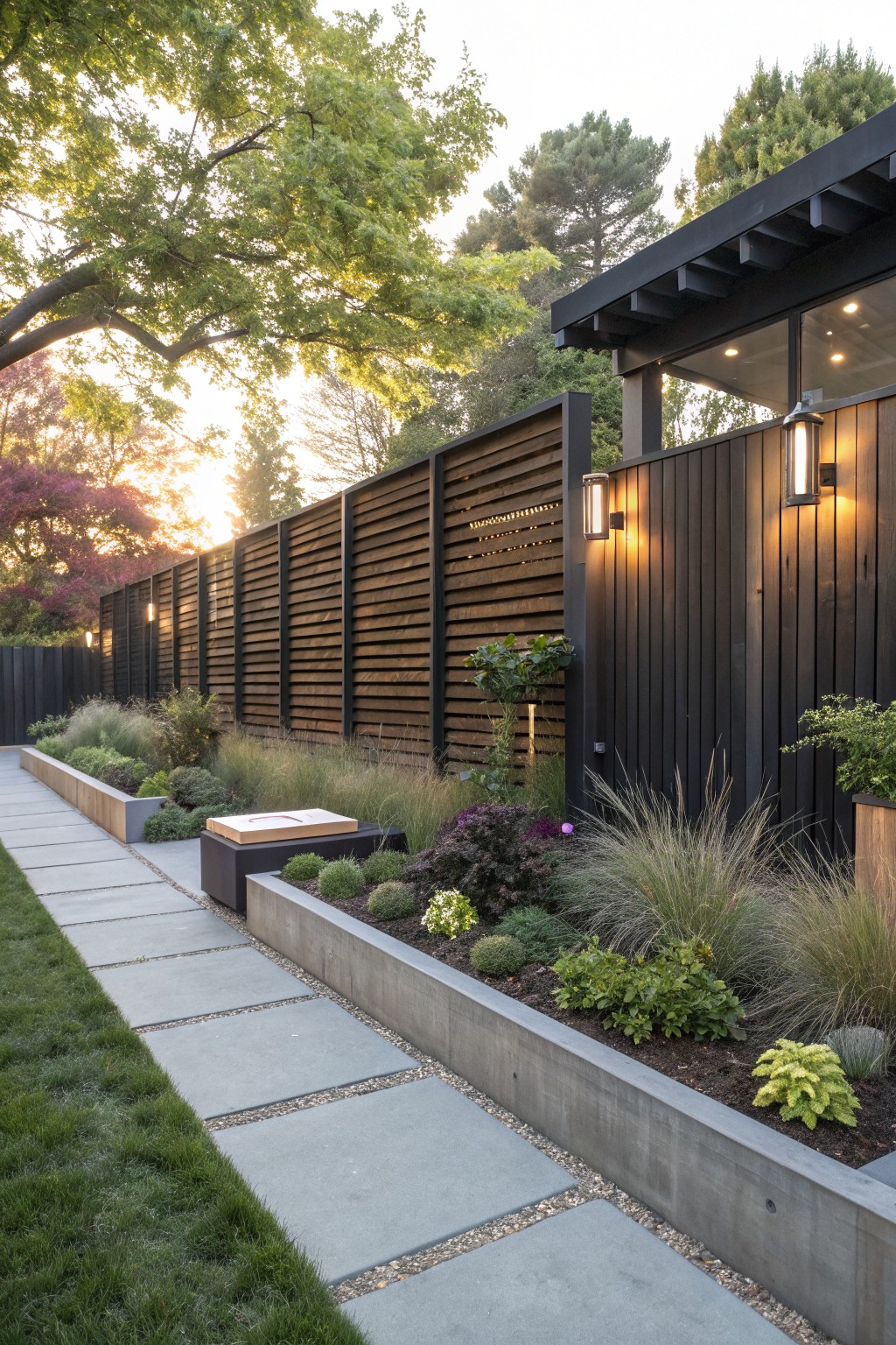 A concrete paver pathway runs alongside a raised concrete planter bed filled with ornamental grasses, shrubs, and perennials, backed by a tall dark slatted wood privacy fence with wall lights, in a backyard garden at sunset.