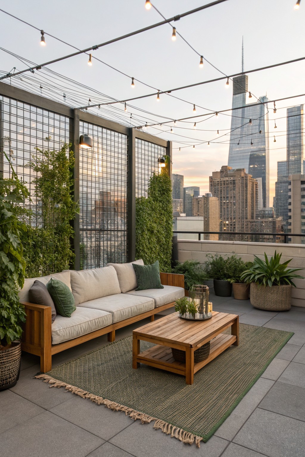 Rooftop terrace with beige outdoor sofa and wooden coffee table on gray tiled floor, surrounded by potted plants and tall dark metal grid privacy screens covered in greenery, string lights strung overhead, and city skyline view at dusk.
