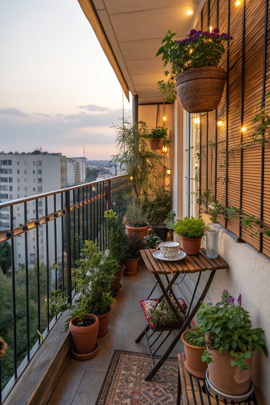 A high-rise balcony overlooking city buildings at dusk, featuring wooden slat privacy screens, numerous potted plants including hanging baskets, string lights, a small wooden table with a teacup and saucer, and a folding chair.